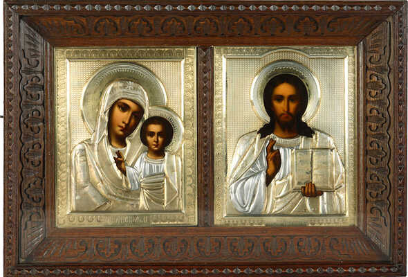 Иконы «Венчальная пара» (Богородица «Казанская» и Господь Вседержитель в серебряных окладах)